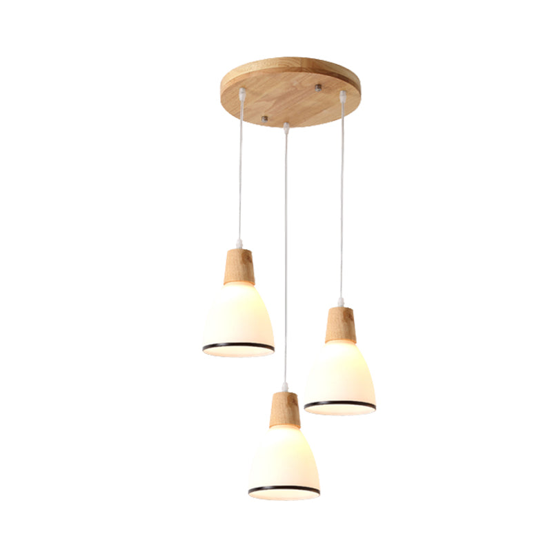 Wood Bell Multi Light Pendant Japanese 3 Heads White Glass Ceiling Suspension Lamp over Table Clearhalo 'Ceiling Lights' 'Glass shade' 'Glass' 'Modern Pendants' 'Modern' 'Pendant Lights' 'Pendants' Lighting' 735538