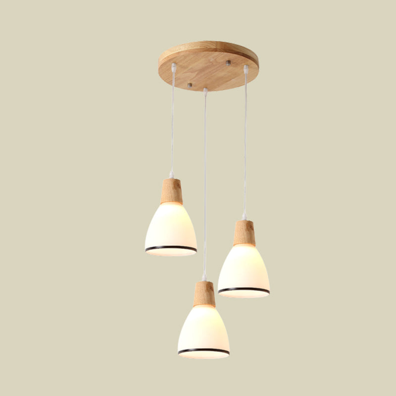 Wood Bell Multi Light Pendant Japanese 3 Heads White Glass Ceiling Suspension Lamp over Table Clearhalo 'Ceiling Lights' 'Glass shade' 'Glass' 'Modern Pendants' 'Modern' 'Pendant Lights' 'Pendants' Lighting' 735539