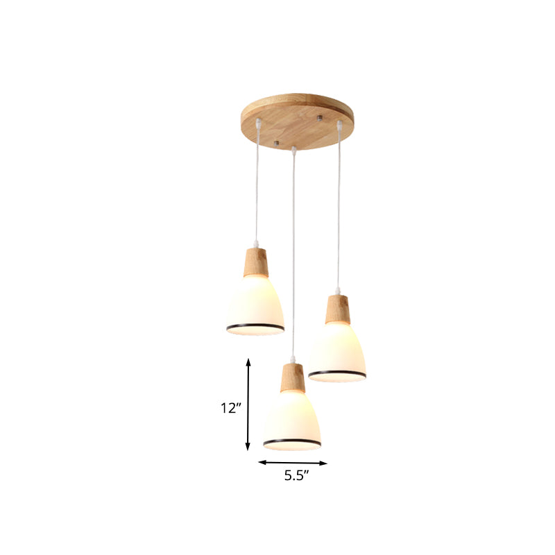 Wood Bell Multi Light Pendant Japanese 3 Heads White Glass Ceiling Suspension Lamp over Table Clearhalo 'Ceiling Lights' 'Glass shade' 'Glass' 'Modern Pendants' 'Modern' 'Pendant Lights' 'Pendants' Lighting' 735540