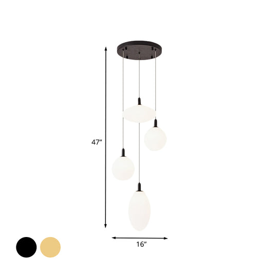 Gold/Black Ball and Oval Cluster Pendant Minimalism 4 Lights Cream Glass Hanging Lamp with Round Canopy Clearhalo 'Ceiling Lights' 'Close To Ceiling Lights' 'Glass shade' 'Glass' 'Modern Pendants' 'Modern' 'Pendant Lights' 'Pendants' Lighting' 735544