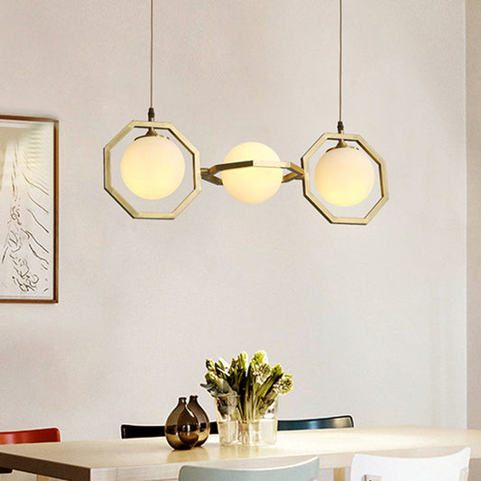 White Frosted Glass Orb Island Light Fixture Modernist 3-Light Ceiling Pendant Lamp with Gold Octagon Frame Gold Clearhalo 'Ceiling Lights' 'Close To Ceiling Lights' 'Glass shade' 'Glass' 'Island Lights' Lighting' 735552