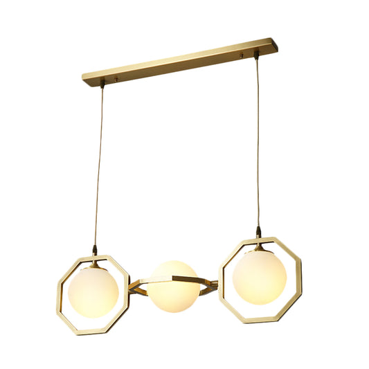 White Frosted Glass Orb Island Light Fixture Modernist 3-Light Ceiling Pendant Lamp with Gold Octagon Frame Clearhalo 'Ceiling Lights' 'Close To Ceiling Lights' 'Glass shade' 'Glass' 'Island Lights' Lighting' 735553