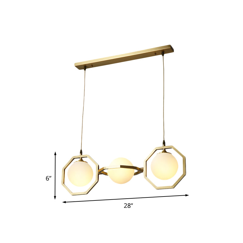 White Frosted Glass Orb Island Light Fixture Modernist 3-Light Ceiling Pendant Lamp with Gold Octagon Frame Clearhalo 'Ceiling Lights' 'Close To Ceiling Lights' 'Glass shade' 'Glass' 'Island Lights' Lighting' 735555