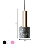 Cylinder Hanging Light Nordic Terrazzo 1-Light Bedroom Ceiling Lamp in White/Black/Pink with Tube Gold Top Clearhalo 'Ceiling Lights' 'Modern Pendants' 'Modern' 'Pendant Lights' 'Pendants' Lighting' 735563