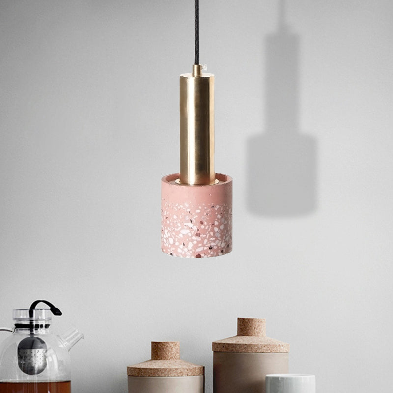 Cylinder Hanging Light Nordic Terrazzo 1-Light Bedroom Ceiling Lamp in White/Black/Pink with Tube Gold Top Pink Clearhalo 'Ceiling Lights' 'Modern Pendants' 'Modern' 'Pendant Lights' 'Pendants' Lighting' 735567