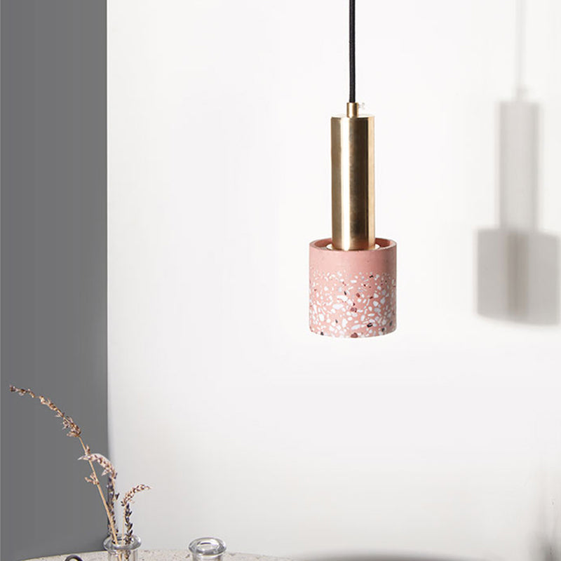 Cylinder Hanging Light Nordic Terrazzo 1-Light Bedroom Ceiling Lamp in White/Black/Pink with Tube Gold Top Clearhalo 'Ceiling Lights' 'Modern Pendants' 'Modern' 'Pendant Lights' 'Pendants' Lighting' 735568