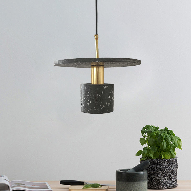 Round Plate and Cylinder Hanging Light Nordic Terrazzo 1-Light Coffee House Pendant Lamp in White/Black/Pink Black Clearhalo 'Ceiling Lights' 'Modern Pendants' 'Modern' 'Pendant Lights' 'Pendants' Lighting' 735588