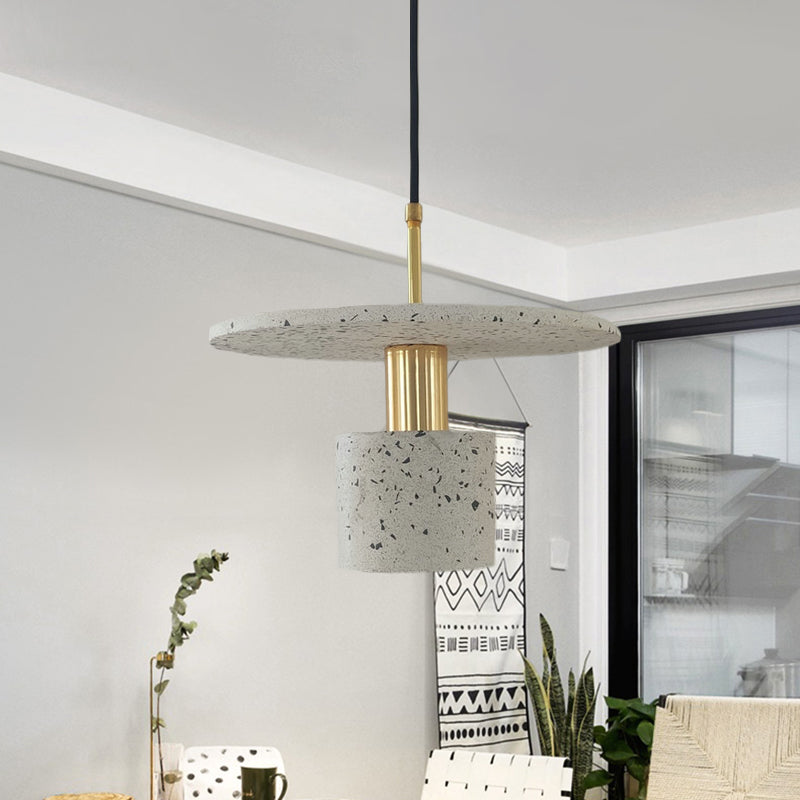 Round Plate and Cylinder Hanging Light Nordic Terrazzo 1-Light Coffee House Pendant Lamp in White/Black/Pink White Clearhalo 'Ceiling Lights' 'Modern Pendants' 'Modern' 'Pendant Lights' 'Pendants' Lighting' 735592