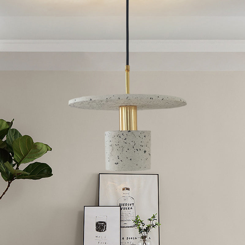 Round Plate and Cylinder Hanging Light Nordic Terrazzo 1-Light Coffee House Pendant Lamp in White/Black/Pink Clearhalo 'Ceiling Lights' 'Modern Pendants' 'Modern' 'Pendant Lights' 'Pendants' Lighting' 735593