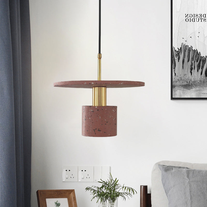 Round Plate and Cylinder Hanging Light Nordic Terrazzo 1-Light Coffee House Pendant Lamp in White/Black/Pink Clearhalo 'Ceiling Lights' 'Modern Pendants' 'Modern' 'Pendant Lights' 'Pendants' Lighting' 735596