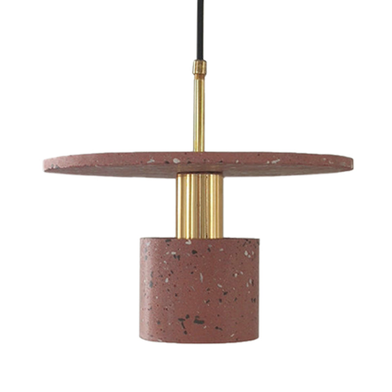 Round Plate and Cylinder Hanging Light Nordic Terrazzo 1-Light Coffee House Pendant Lamp in White/Black/Pink Clearhalo 'Ceiling Lights' 'Modern Pendants' 'Modern' 'Pendant Lights' 'Pendants' Lighting' 735597