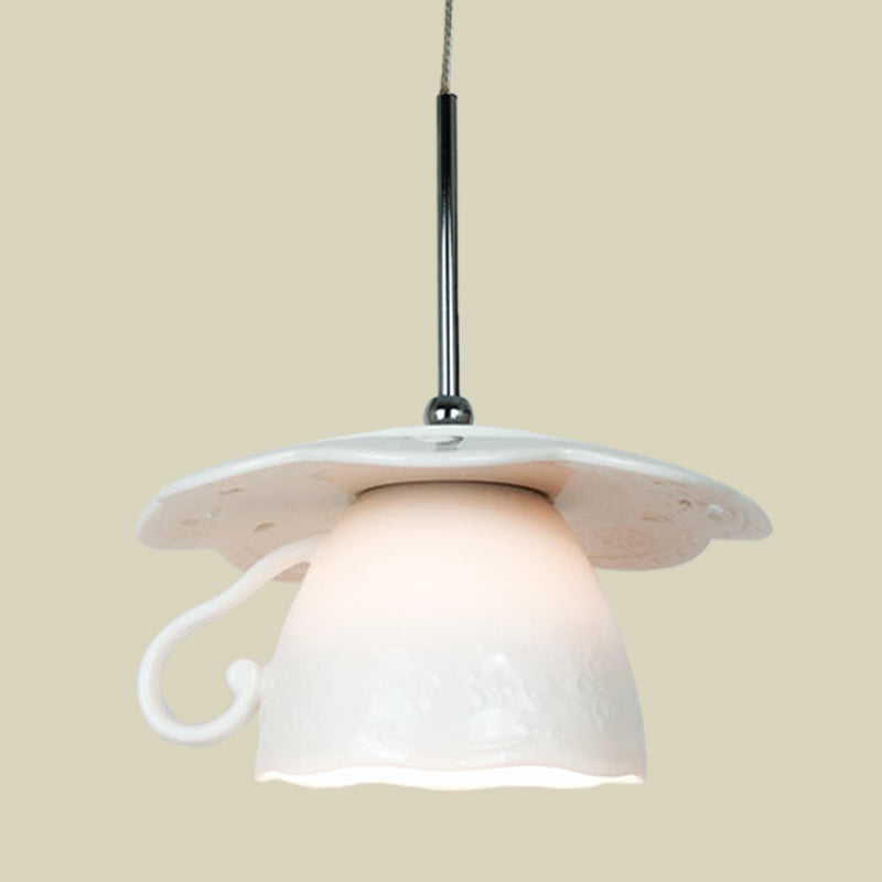 1-Light Restaurant Suspension Light Nordic White LED Ceiling Hang Fixture with Coffee Cup Ceramics Shade Clearhalo 'Ceiling Lights' 'Modern Pendants' 'Modern' 'Pendant Lights' 'Pendants' Lighting' 735628