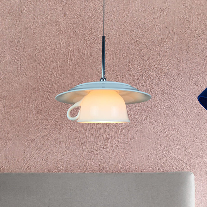 Ceramics Coffee Cup Hanging Light Kit Nordic 1-Head White Drop Pendant Lamp with Light Green Plate Top White Clearhalo 'Ceiling Lights' 'Modern Pendants' 'Modern' 'Pendant Lights' 'Pendants' Lighting' 735630