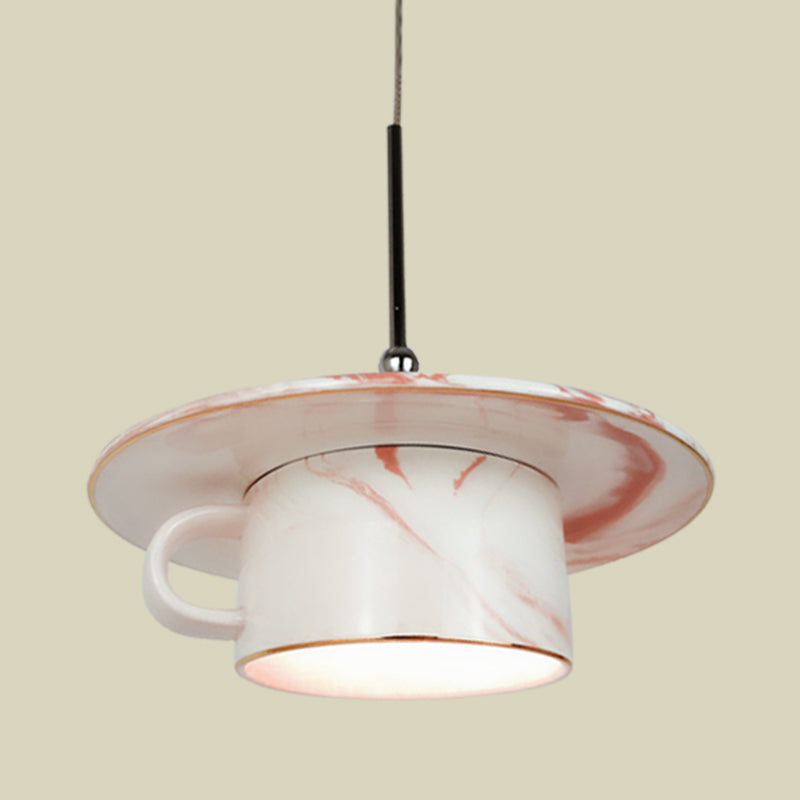 Pink Coffee Cup Pendant Ceiling Light Nordic 1-Bulb Ceramics LED Suspension Lamp for Restaurant Clearhalo 'Ceiling Lights' 'Modern Pendants' 'Modern' 'Pendant Lights' 'Pendants' Lighting' 735636