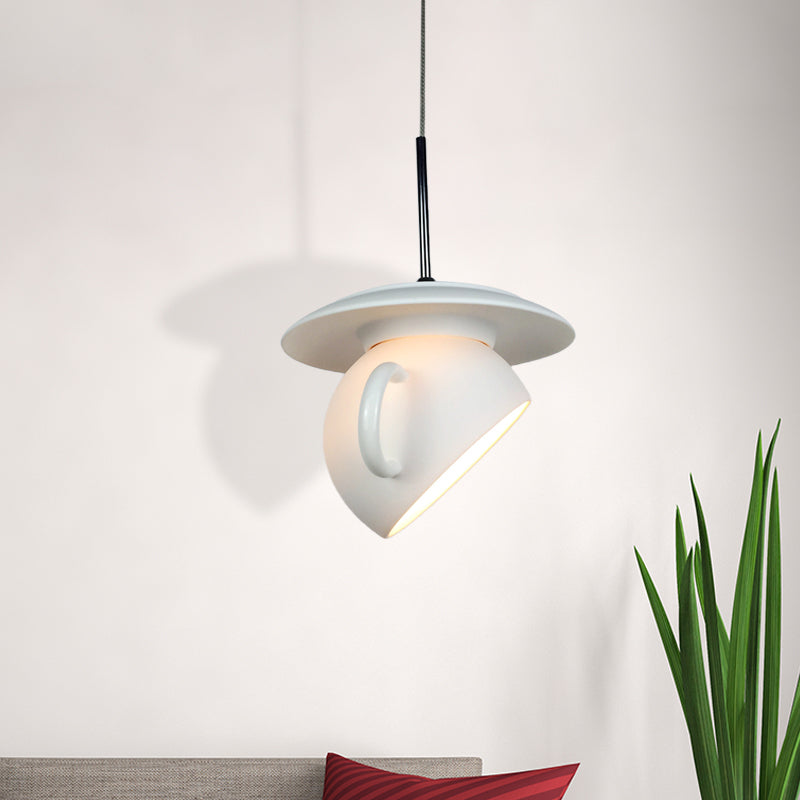 Macaron 1 Head Pendant Light White/Blue/Yellow Finish Coffee Cup LED Ceiling Lamp Fixture with Cement Shade White Clearhalo 'Ceiling Lights' 'Modern Pendants' 'Modern' 'Pendant Lights' 'Pendants' Lighting' 735651