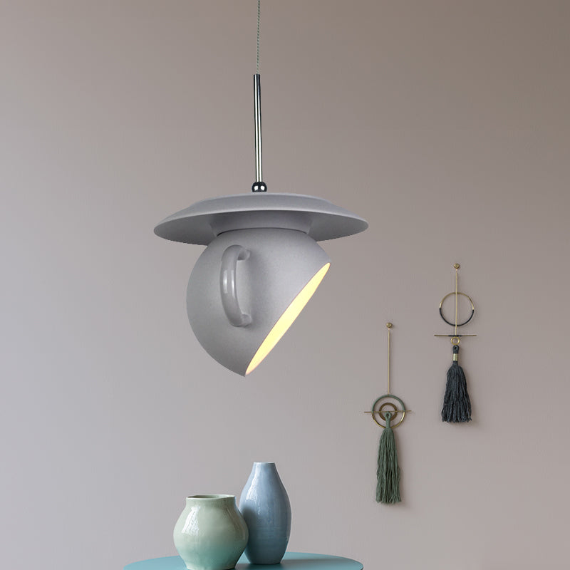 Macaron 1 Head Pendant Light White/Blue/Yellow Finish Coffee Cup LED Ceiling Lamp Fixture with Cement Shade Grey Clearhalo 'Ceiling Lights' 'Modern Pendants' 'Modern' 'Pendant Lights' 'Pendants' Lighting' 735655