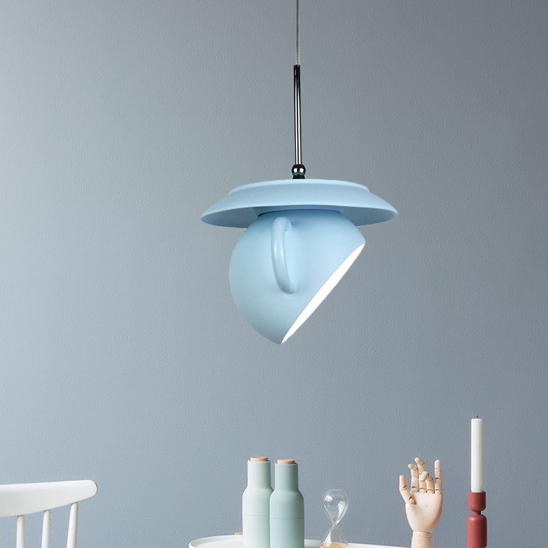 Macaron 1 Head Pendant Light White/Blue/Yellow Finish Coffee Cup LED Ceiling Lamp Fixture with Cement Shade Blue Clearhalo 'Ceiling Lights' 'Modern Pendants' 'Modern' 'Pendant Lights' 'Pendants' Lighting' 735658