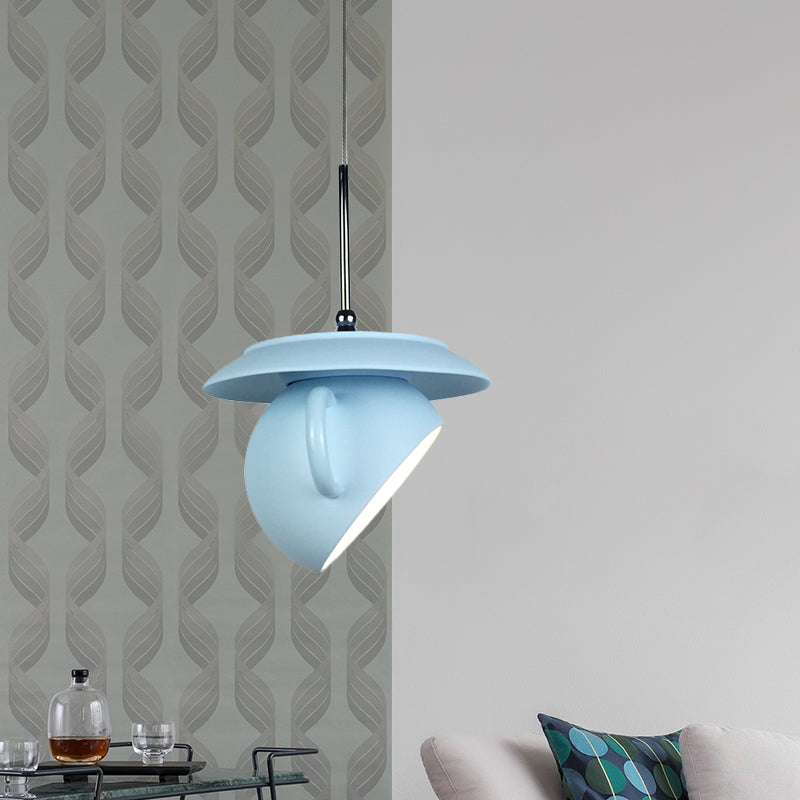 Macaron 1 Head Pendant Light White/Blue/Yellow Finish Coffee Cup LED Ceiling Lamp Fixture with Cement Shade Clearhalo 'Ceiling Lights' 'Modern Pendants' 'Modern' 'Pendant Lights' 'Pendants' Lighting' 735659