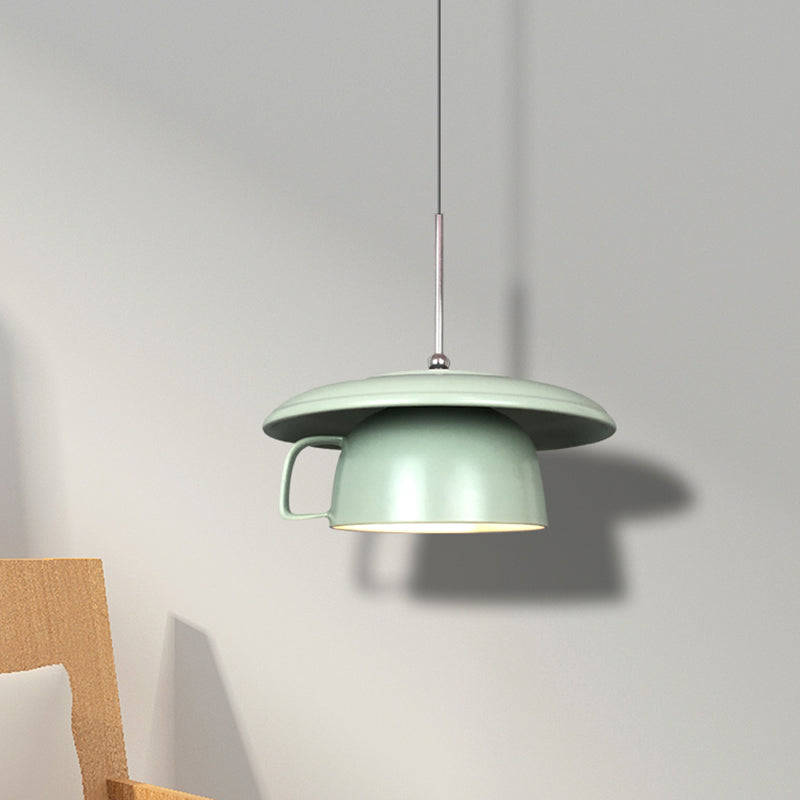 Green Finish Coffee-Cup Pendant Light Fixture Macaron 1-Head Ceramics LED Hanging Ceiling Lamp Green Clearhalo 'Ceiling Lights' 'Modern Pendants' 'Modern' 'Pendant Lights' 'Pendants' Lighting' 735680