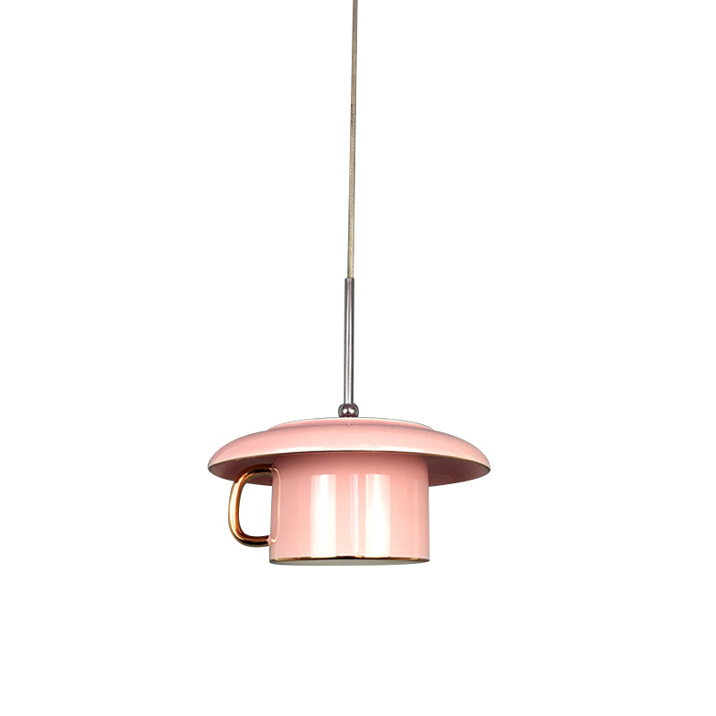 Macaron Coffee-Cup Shape Down Lighting Ceramics 1 Bulb Living Room LED Suspension Lamp in White/Pink/Grey Clearhalo 'Ceiling Lights' 'Modern Pendants' 'Modern' 'Pendant Lights' 'Pendants' Lighting' 735685