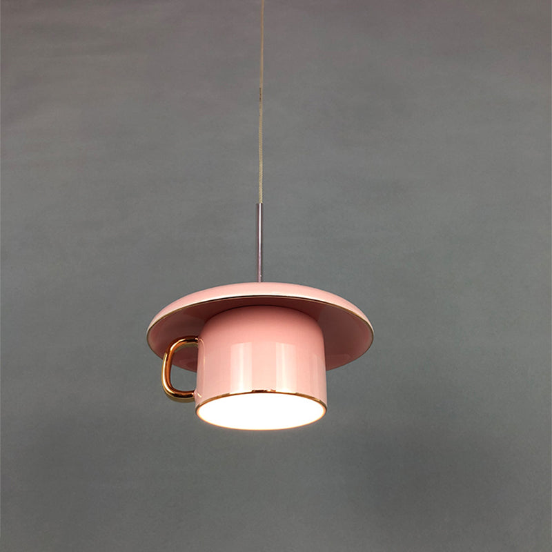 Macaron Coffee-Cup Shape Down Lighting Ceramics 1 Bulb Living Room LED Suspension Lamp in White/Pink/Grey Clearhalo 'Ceiling Lights' 'Modern Pendants' 'Modern' 'Pendant Lights' 'Pendants' Lighting' 735686