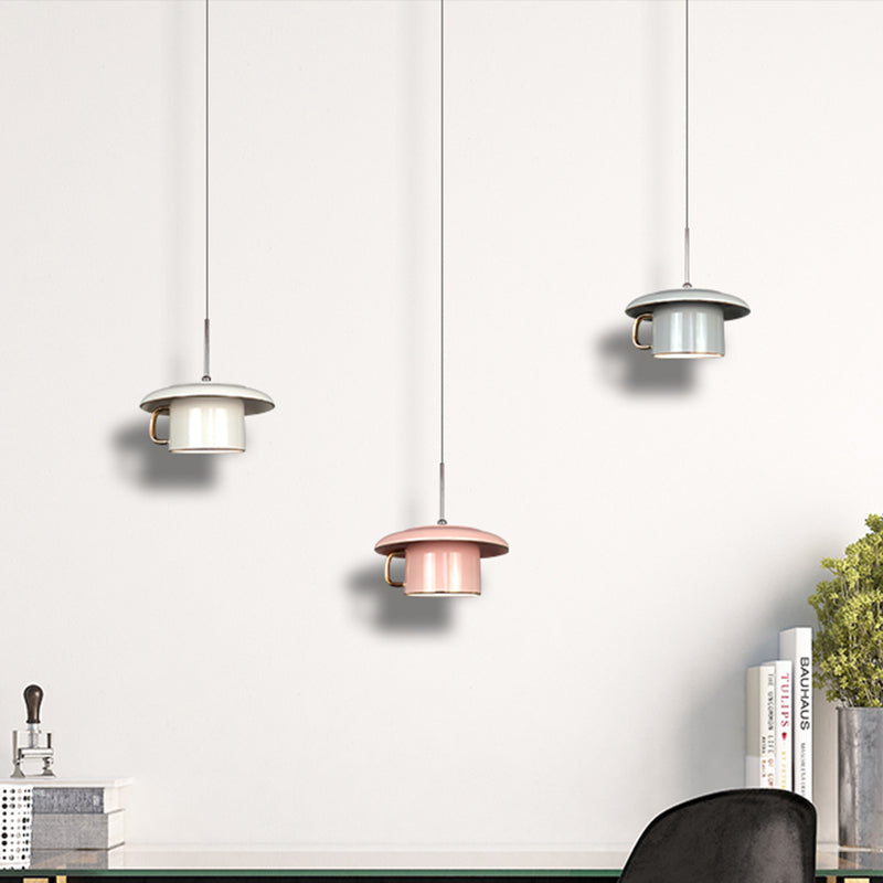 Macaron Coffee-Cup Shape Down Lighting Ceramics 1 Bulb Living Room LED Suspension Lamp in White/Pink/Grey Clearhalo 'Ceiling Lights' 'Modern Pendants' 'Modern' 'Pendant Lights' 'Pendants' Lighting' 735689