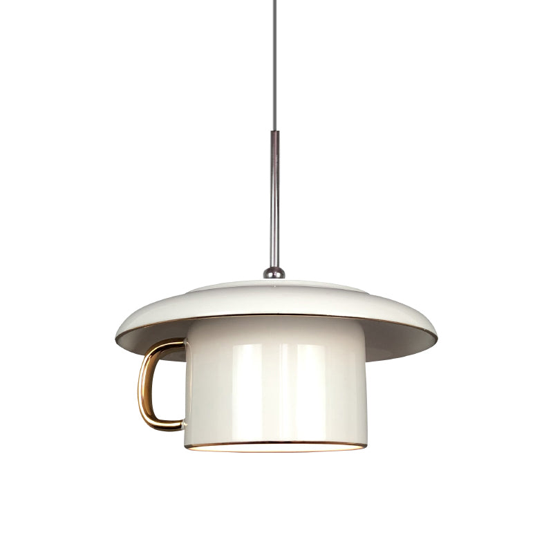 Macaron Coffee-Cup Shape Down Lighting Ceramics 1 Bulb Living Room LED Suspension Lamp in White/Pink/Grey Clearhalo 'Ceiling Lights' 'Modern Pendants' 'Modern' 'Pendant Lights' 'Pendants' Lighting' 735690