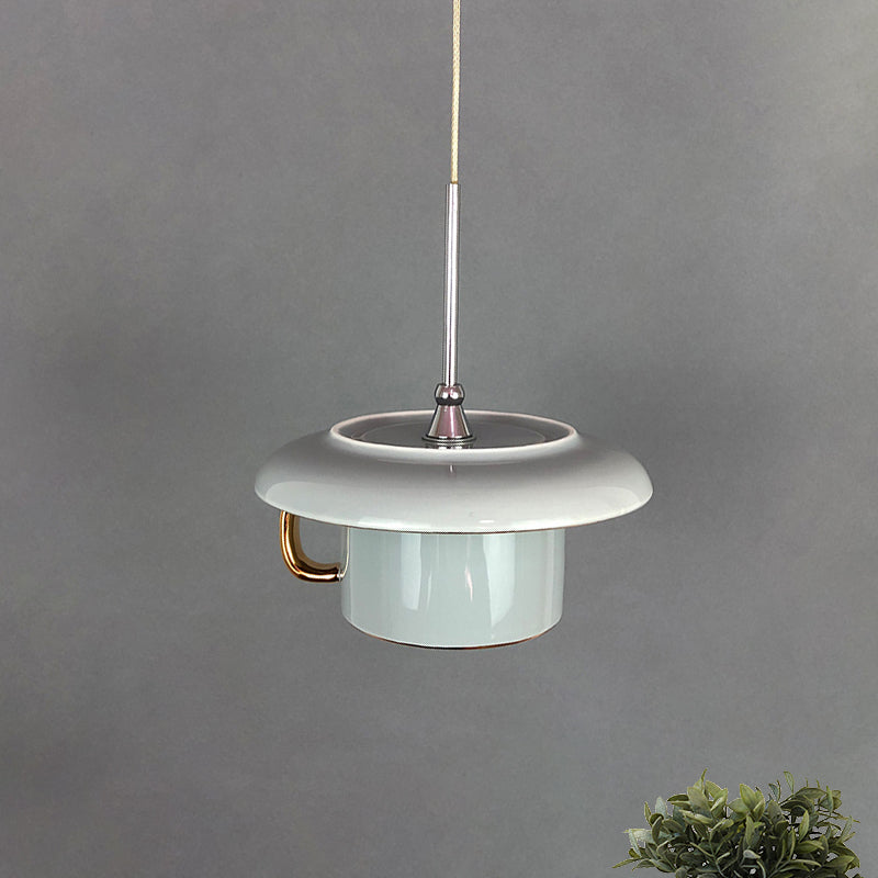 Macaron Coffee-Cup Shape Down Lighting Ceramics 1 Bulb Living Room LED Suspension Lamp in White/Pink/Grey Grey Clearhalo 'Ceiling Lights' 'Modern Pendants' 'Modern' 'Pendant Lights' 'Pendants' Lighting' 735692