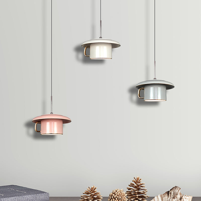 Macaron Coffee-Cup Shape Down Lighting Ceramics 1 Bulb Living Room LED Suspension Lamp in White/Pink/Grey Clearhalo 'Ceiling Lights' 'Modern Pendants' 'Modern' 'Pendant Lights' 'Pendants' Lighting' 735693