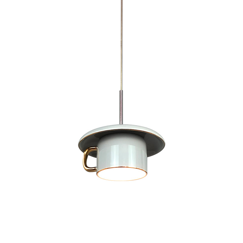 Macaron Coffee-Cup Shape Down Lighting Ceramics 1 Bulb Living Room LED Suspension Lamp in White/Pink/Grey Clearhalo 'Ceiling Lights' 'Modern Pendants' 'Modern' 'Pendant Lights' 'Pendants' Lighting' 735694