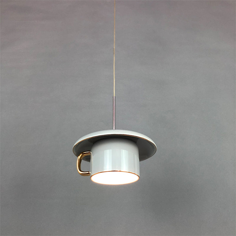 Macaron Coffee-Cup Shape Down Lighting Ceramics 1 Bulb Living Room LED Suspension Lamp in White/Pink/Grey Clearhalo 'Ceiling Lights' 'Modern Pendants' 'Modern' 'Pendant Lights' 'Pendants' Lighting' 735695