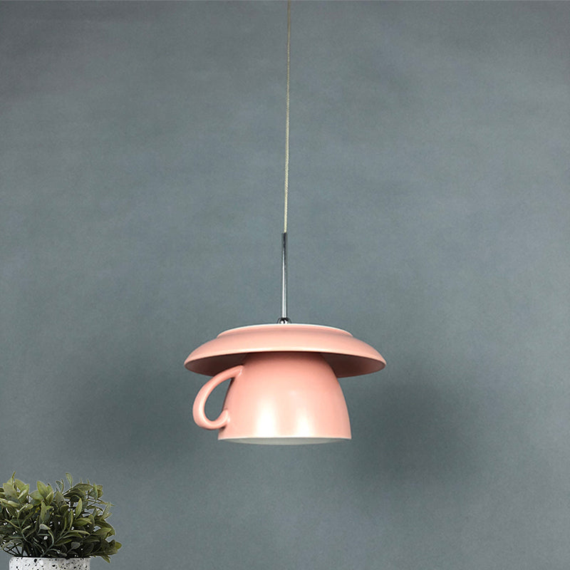 1-Light Restaurant Hanging Lighting Macaron Pink/Grey/Green LED Drop Pendant Lamp with Coffee Cup Ceramics Shade Pink Clearhalo 'Ceiling Lights' 'Modern Pendants' 'Modern' 'Pendant Lights' 'Pendants' Lighting' 735696