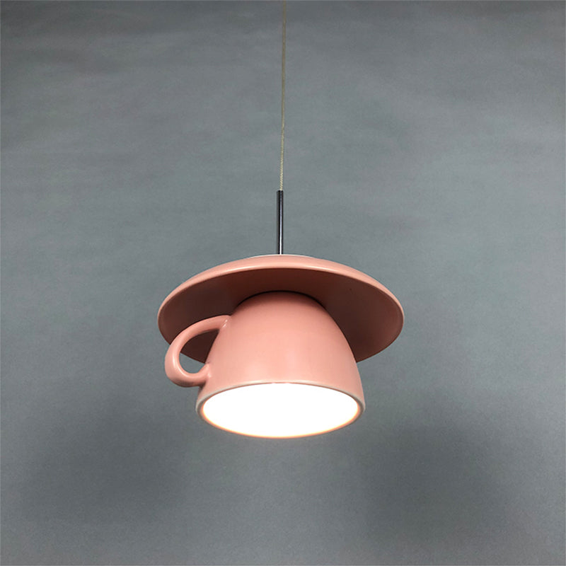 1-Light Restaurant Hanging Lighting Macaron Pink/Grey/Green LED Drop Pendant Lamp with Coffee Cup Ceramics Shade Clearhalo 'Ceiling Lights' 'Modern Pendants' 'Modern' 'Pendant Lights' 'Pendants' Lighting' 735698