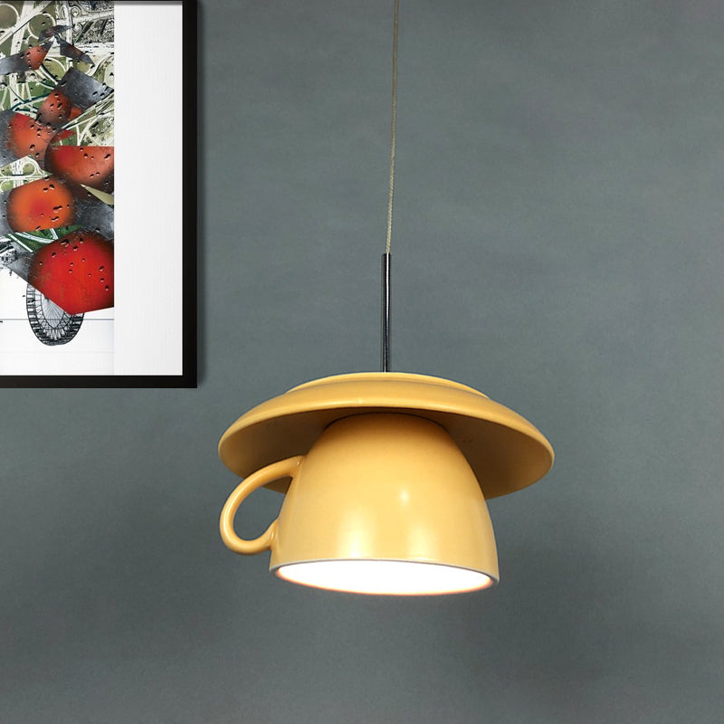 1-Light Restaurant Hanging Lighting Macaron Pink/Grey/Green LED Drop Pendant Lamp with Coffee Cup Ceramics Shade Yellow Clearhalo 'Ceiling Lights' 'Modern Pendants' 'Modern' 'Pendant Lights' 'Pendants' Lighting' 735708