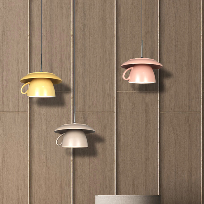 1-Light Restaurant Hanging Lighting Macaron Pink/Grey/Green LED Drop Pendant Lamp with Coffee Cup Ceramics Shade Clearhalo 'Ceiling Lights' 'Modern Pendants' 'Modern' 'Pendant Lights' 'Pendants' Lighting' 735709