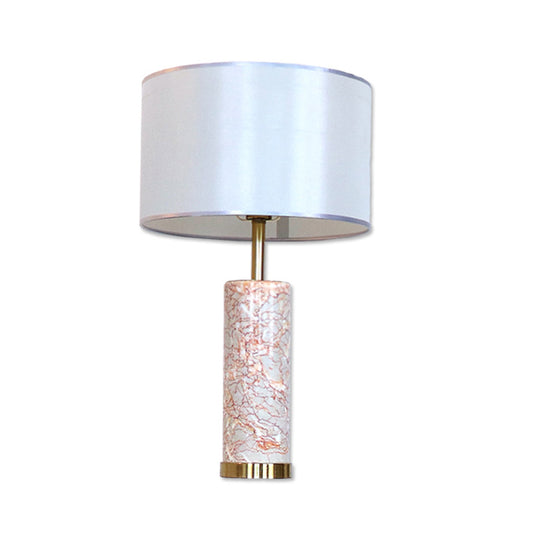 Fabric Drum Table Light Modern 1 Head White Night Lamp with Tube Agate Red Marble Base Clearhalo 'Lamps' 'Table Lamps' Lighting' 735722