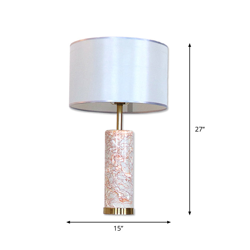 Fabric Drum Table Light Modern 1 Head White Night Lamp with Tube Agate Red Marble Base Clearhalo 'Lamps' 'Table Lamps' Lighting' 735723