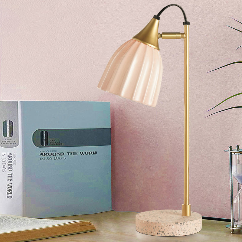 Pink/Sky Blue Ribbed Domed Table Light Modernism 1 Head Ceramics Desk Lamp with Gold Arm and Marble Base Pink Clearhalo 'Lamps' 'Table Lamps' Lighting' 735740