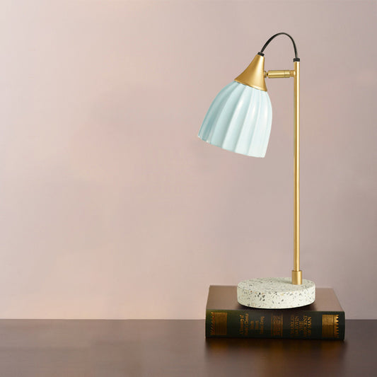 Pink/Sky Blue Ribbed Domed Table Light Modernism 1 Head Ceramics Desk Lamp with Gold Arm and Marble Base Blue Clearhalo 'Lamps' 'Table Lamps' Lighting' 735744