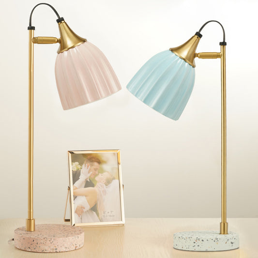 Pink/Sky Blue Ribbed Domed Table Light Modernism 1 Head Ceramics Desk Lamp with Gold Arm and Marble Base Clearhalo 'Lamps' 'Table Lamps' Lighting' 735745