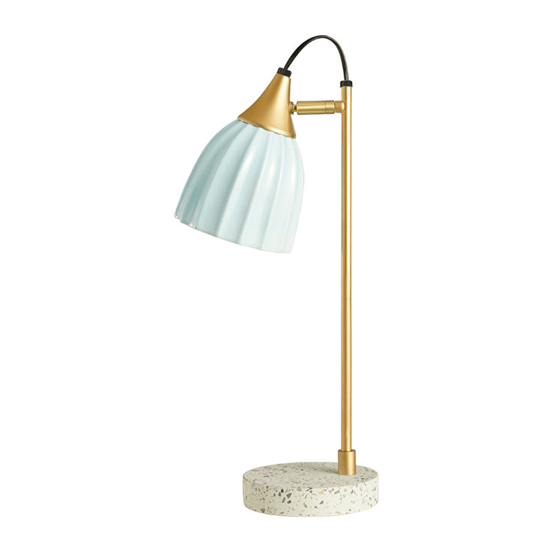 Pink/Sky Blue Ribbed Domed Table Light Modernism 1 Head Ceramics Desk Lamp with Gold Arm and Marble Base Clearhalo 'Lamps' 'Table Lamps' Lighting' 735746