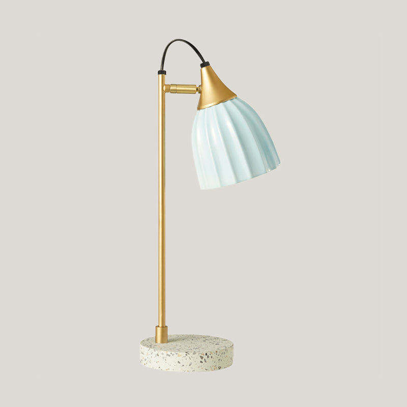 Pink/Sky Blue Ribbed Domed Table Light Modernism 1 Head Ceramics Desk Lamp with Gold Arm and Marble Base Clearhalo 'Lamps' 'Table Lamps' Lighting' 735747