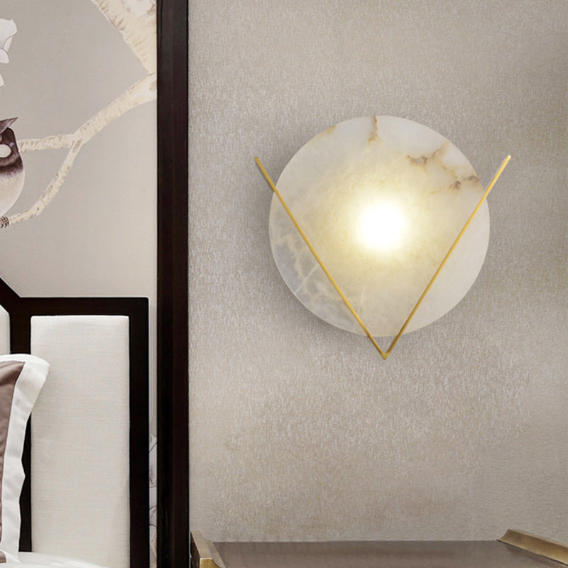 Post-Modern Round Panel Wall Light Sconce Marble 1 Head Bedside Wall Mounted Lamp Fixture with Brass V Deco Brass Clearhalo 'Modern wall lights' 'Modern' 'Wall Lamps & Sconces' 'Wall Lights' Lighting' 735752