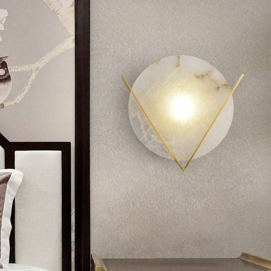 Post-Modern Round Panel Wall Light Sconce Marble 1 Head Bedside Wall Mounted Lamp Fixture with Brass V Deco Brass Clearhalo 'Modern wall lights' 'Modern' 'Wall Lamps & Sconces' 'Wall Lights' Lighting' 735752
