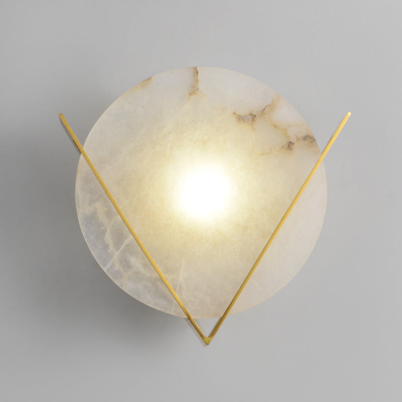 Post-Modern Round Panel Wall Light Sconce Marble 1 Head Bedside Wall Mounted Lamp Fixture with Brass V Deco Clearhalo 'Modern wall lights' 'Modern' 'Wall Lamps & Sconces' 'Wall Lights' Lighting' 735754