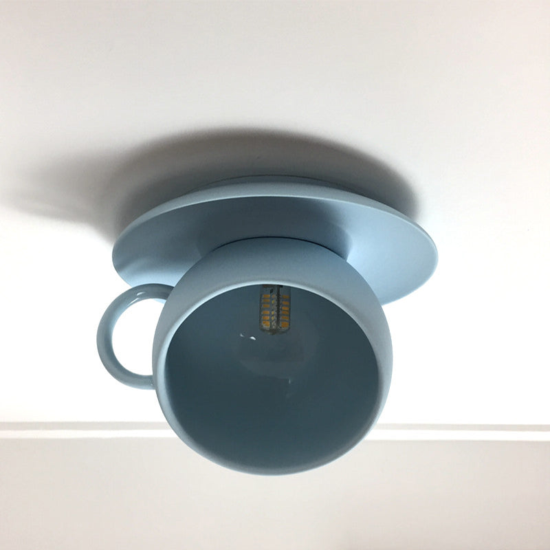 Ceramics Coffee Cup Flush Lighting Macaron 1 Light Rotatable LED Flush Mount Ceiling Lamp in White/Grey/Blue Blue Clearhalo 'Ceiling Lights' 'Close To Ceiling Lights' 'Close to ceiling' 'Flush mount' Lighting' 735784