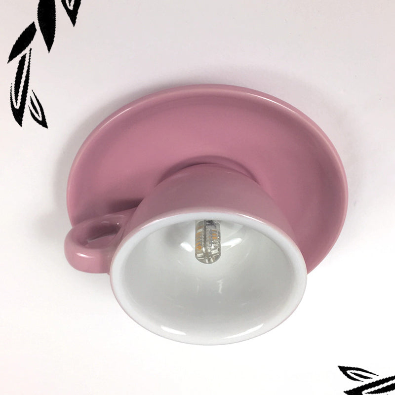 Coffee Cup Ceramics Flush Ceiling Lighting Macaron 1 Light Pink/Blue/Yellow Finish LED Flush Mounted Lamp Pink Clearhalo 'Ceiling Lights' 'Close To Ceiling Lights' 'Close to ceiling' 'Flush mount' Lighting' 735800