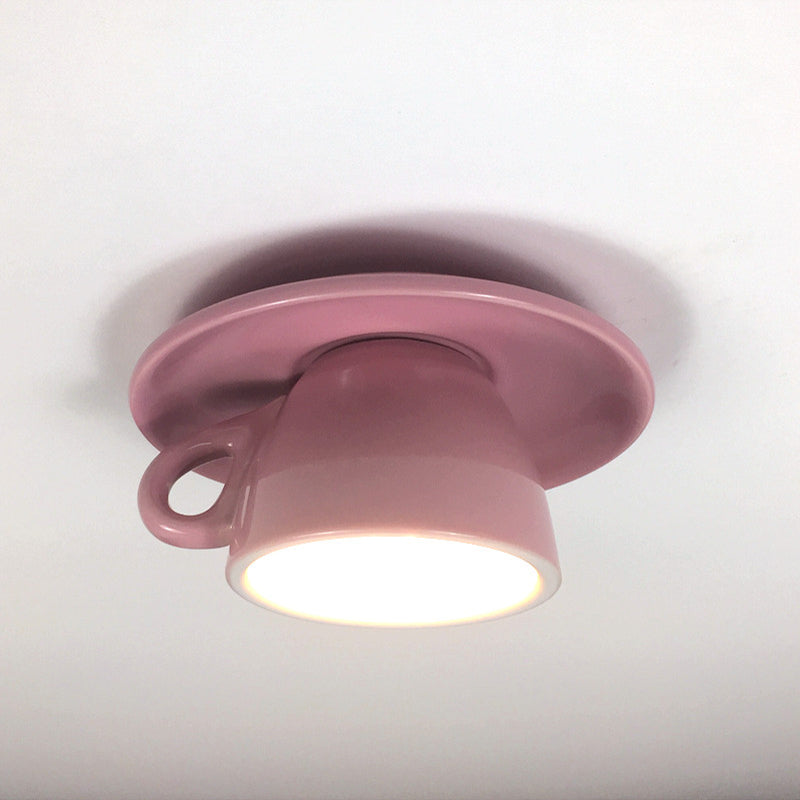 Coffee Cup Ceramics Flush Ceiling Lighting Macaron 1 Light Pink/Blue/Yellow Finish LED Flush Mounted Lamp Clearhalo 'Ceiling Lights' 'Close To Ceiling Lights' 'Close to ceiling' 'Flush mount' Lighting' 735802