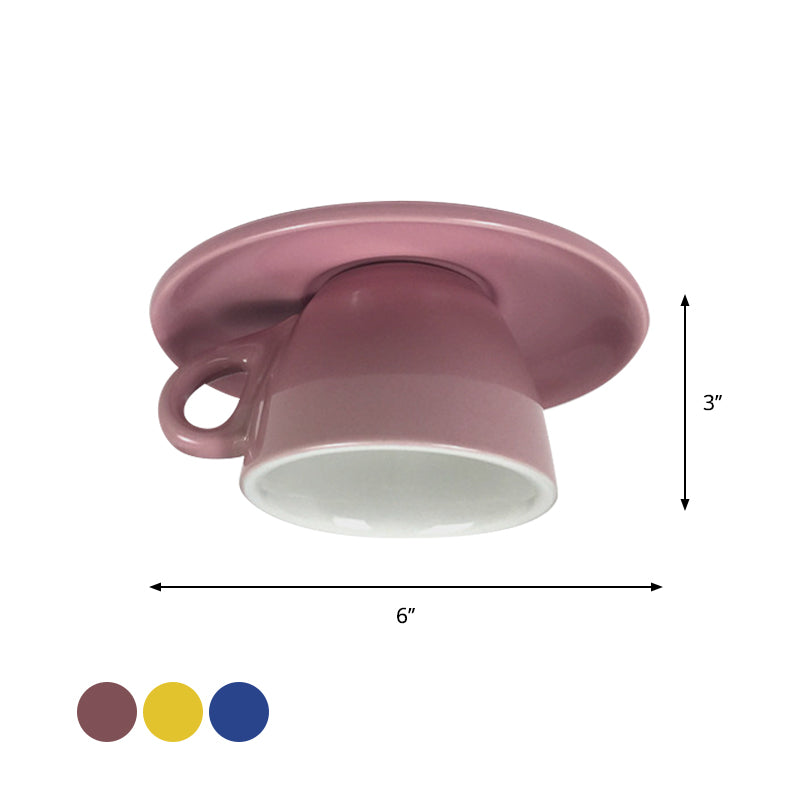 Coffee Cup Ceramics Flush Ceiling Lighting Macaron 1 Light Pink/Blue/Yellow Finish LED Flush Mounted Lamp Clearhalo 'Ceiling Lights' 'Close To Ceiling Lights' 'Close to ceiling' 'Flush mount' Lighting' 735803