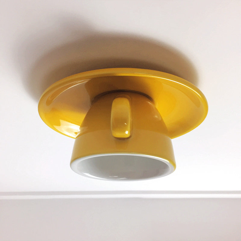 Coffee Cup Ceramics Flush Ceiling Lighting Macaron 1 Light Pink/Blue/Yellow Finish LED Flush Mounted Lamp Yellow Clearhalo 'Ceiling Lights' 'Close To Ceiling Lights' 'Close to ceiling' 'Flush mount' Lighting' 735804